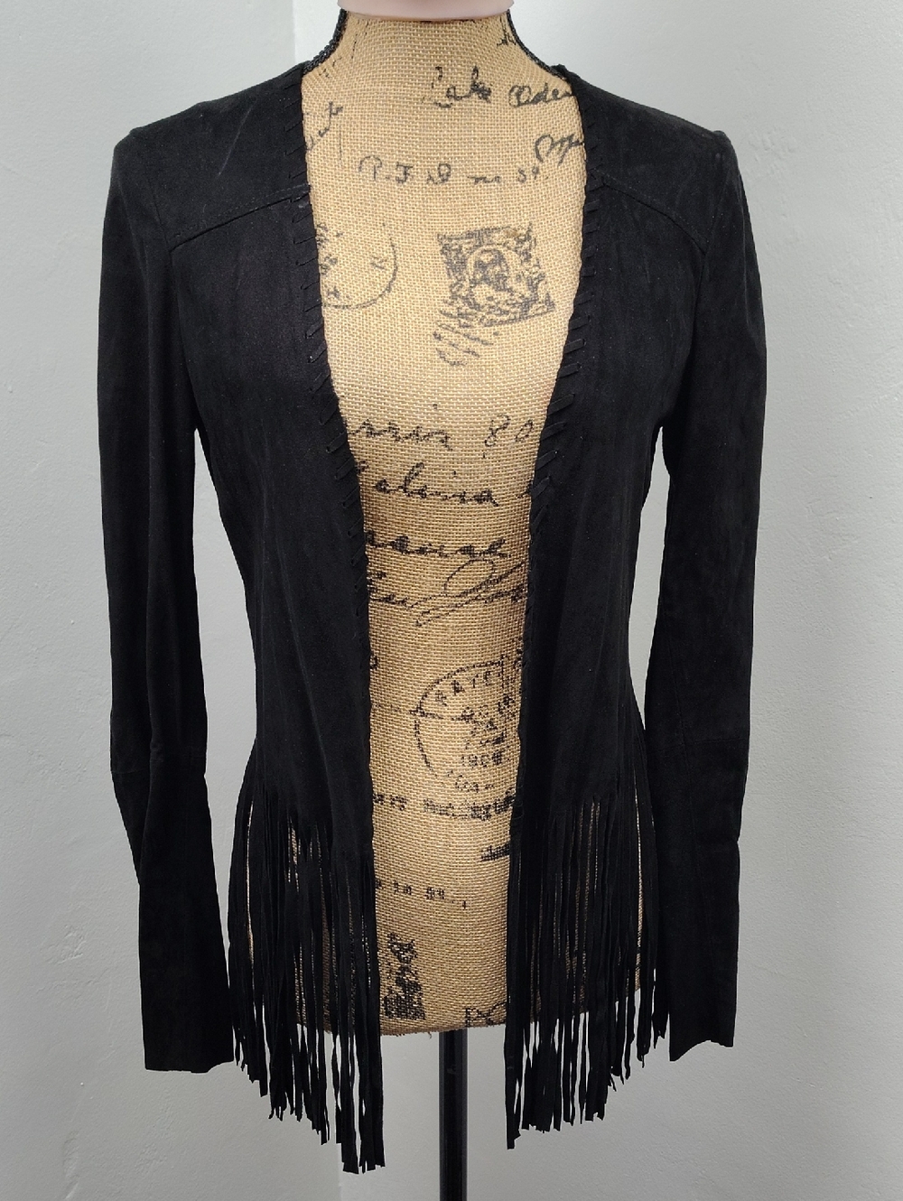 Zara Woman Black Suede Fringe Open-Front Jacket Goat Leather Size Small